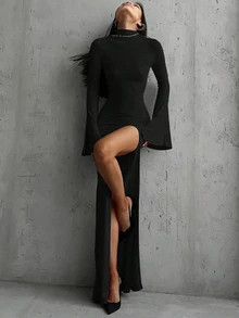 秋冬季喇叭袖性感露背开衩连衣裙，修身派对礼服，黑色，春季优雅女装 - 黑色 - 查看 5