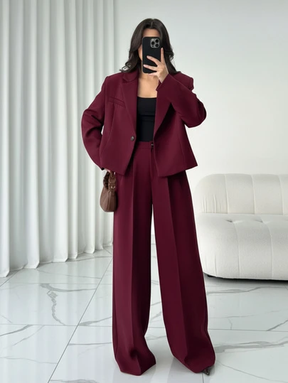 2 件套职业女士勃艮第复古西装套装，工作/办公室正装，秋冬简约短款西装外套和阔腿裤，浪漫及地长裤