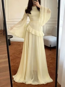 Women's Elegant Flounced Splice Cinched Waist Flare Sleeve Dress, Spring/Summer - Light Yellow - View 1