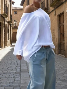 Christmas Minimalist White Cold Shoulder Loose Fit Long Sleeve Solid Color Casual T-Shirt Top, Essential Autumn/Winter Piece - White - View 2