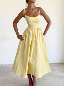 ANCHOSE Women's Elegant Light Yellow Spaghetti Strap Dress, Spring/Summer - Light Yellow - View 5