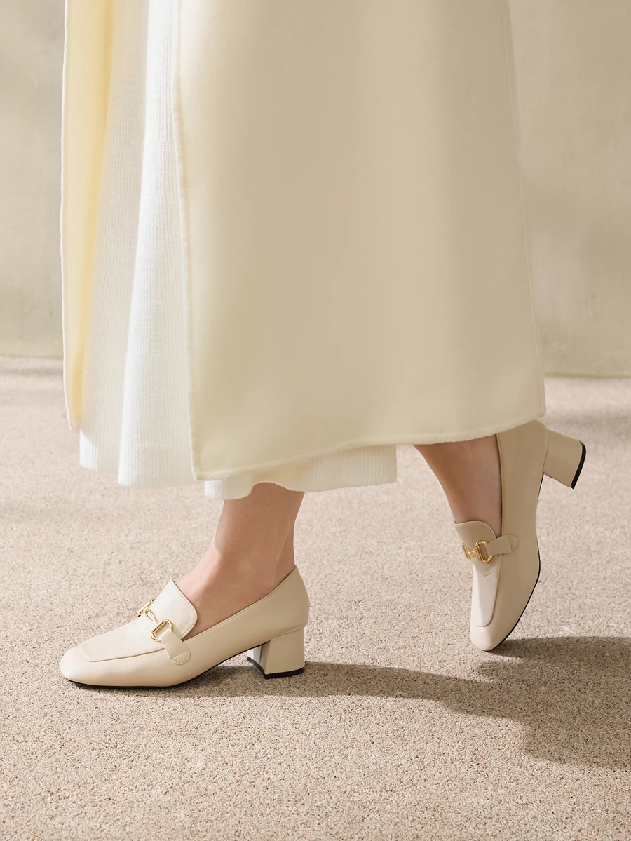 Clariva 女士高跟乐福鞋：粗跟鞋，2024春秋新款复古鞋，百搭英伦女鞋，米色软皮高跟鞋，优雅圣诞礼物 - 米色 - 查看 1