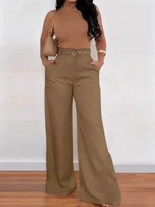 ANCHOSE Women's Casual Solid Color High Waist Pocket Design Flare Pants, Loose Fit