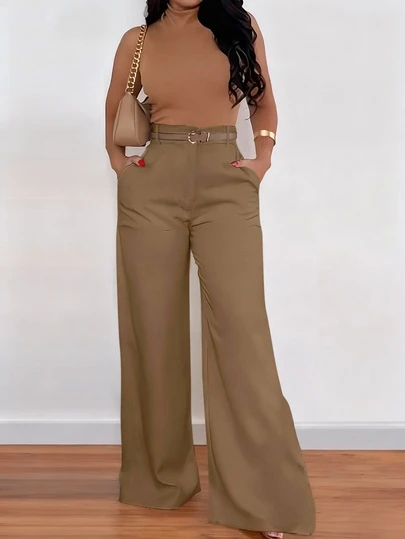  ANCHOSE 女士休闲纯色高腰口袋设计喇叭裤，宽松版型，春季款