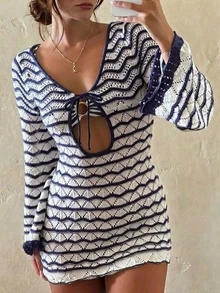 FOR BEAUTY 女士春夏新款简约时尚度假休闲修身大胆前卫性感套头连衣裙沙滩度假嘉年华、新年、情人节迷你裙 - 藍白色 - 查看 4