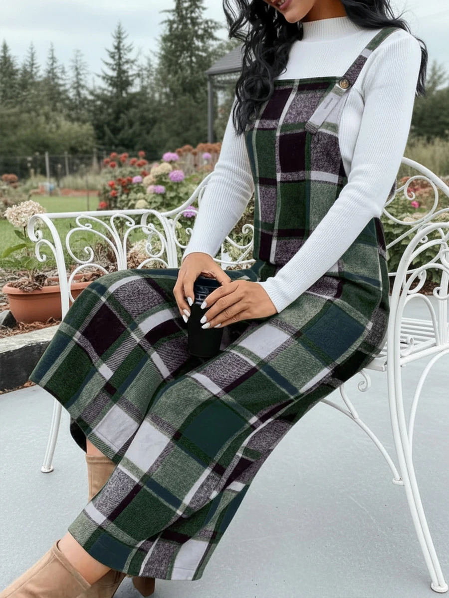 圣诞女式绿色格子吊带裤，吊带设计，7/8 长度吊带连体裤，时尚百搭，适合日常穿着，秋冬 - 綠色 - 查看 1