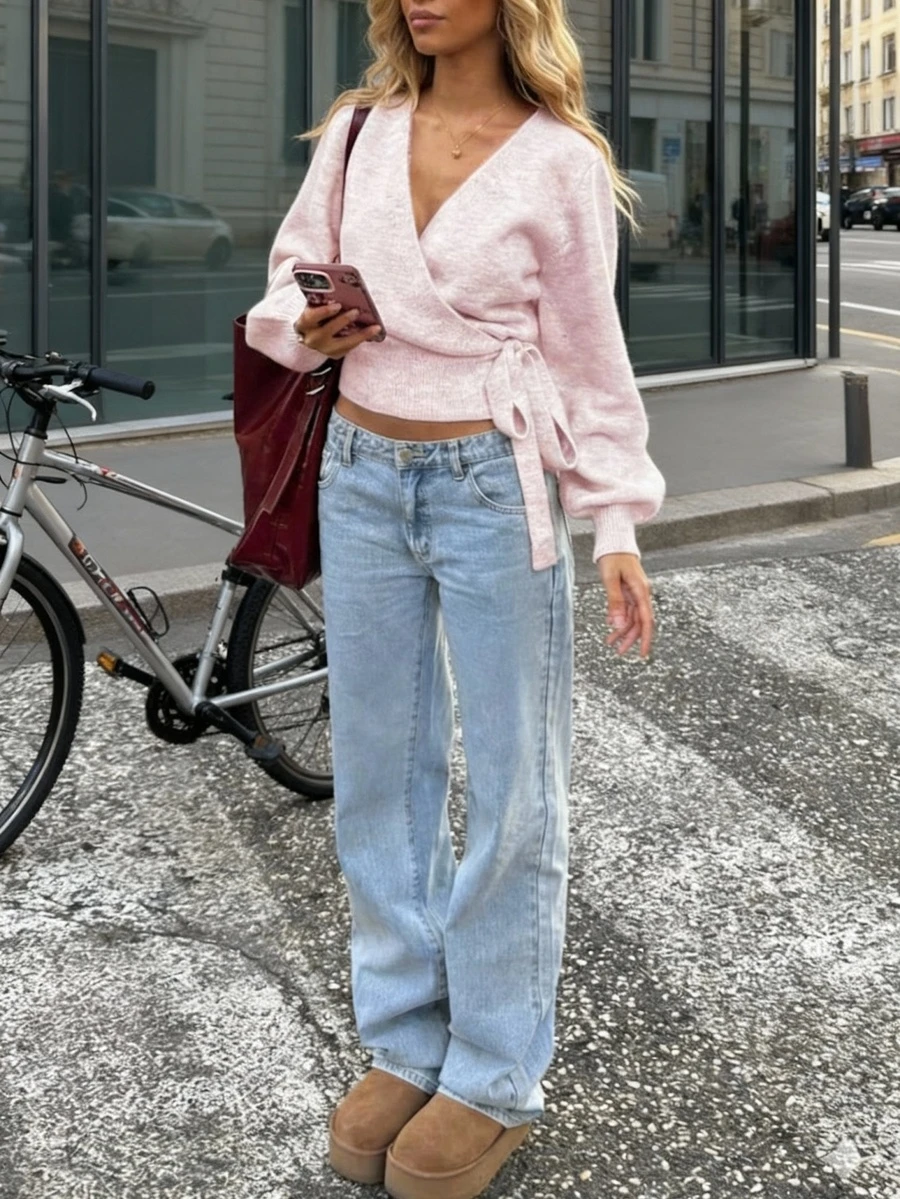 2025 Autumn/Winter Wrap Tie Knit Sweater, White, Women's Essential For Home, Commute, Date, Travel, Suitable For Various Occasions, Light Gray Pink Spring - Pink - View 1