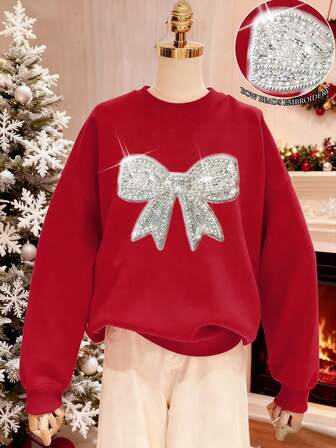 Women's Elegant Bow Sequin Red Sweatshirt, Casual Drop Shoulder Crew Neck Long Sleeve Hoodie For Christmas, Fall And Winter