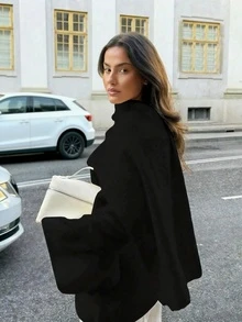 2025 Autumn/Winter Minimalist Solid Color Pullover Sweater With Scarf, Elegant For Daily Commute (Includes Scarf) - Black - View 2