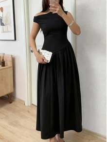 Đầm dài dáng chữ A SMILE CHIC dành cho nữ, cổ áo bất đối xứng thanh lịch, không tay, chi tiết xếp ly, chất liệu vải dệt có độ co giãn nhẹ, phù hợp cho kỳ nghỉ và mặc hàng ngày, màu đen mùa hè. - màu đen - Xem 2