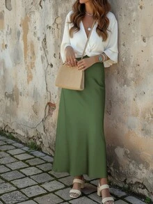 Elegant Vacation Casual Solid Color Skirt - Dark Green - View 3