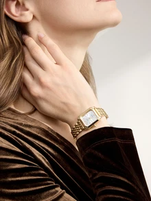 Clariva 1pc Women's Elegant Stainless Steel Strap Square Dial Classic Luxury Quartz Wrist Watch, (Without Watch Box) Gifts - Gold - View 1