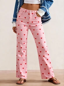 European & American Style Girls Casual Elastic Fitted Heart Pattern Narrow Leg Pants - Pink - View 1