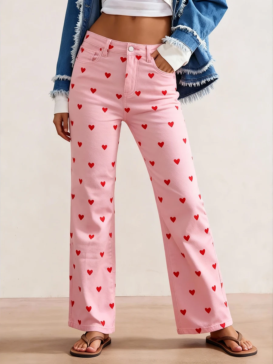 European & American Style Girls Casual Elastic Fitted Heart Pattern Narrow Leg Pants - Pink - View 1