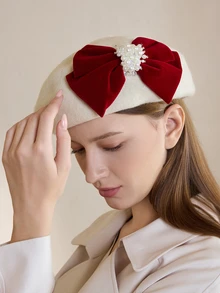 Clariva 1顶优雅羊毛混纺蝴蝶结贝雷帽，秋冬圣诞礼物 - 白色 - 查看 3