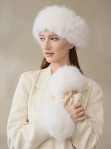 Clariva 2pcs Set Solid Color Acrylic Fuzzy Beanie Hat And Cuffs, Fluffy Trim, Warm For Autumn Winter Winter Accessories Winter Outfits Gifts - A - View 5