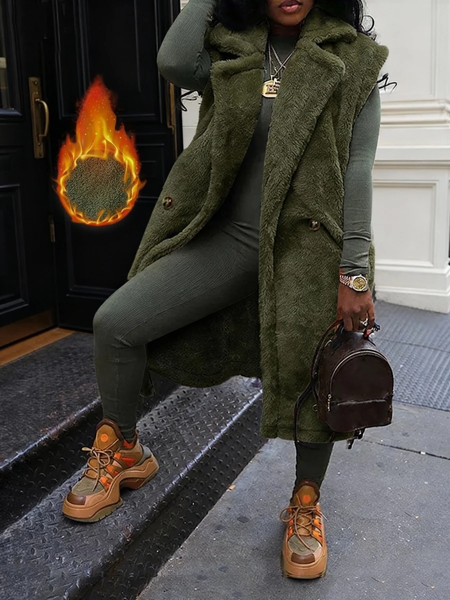 Women's Casual Turndown Collar Double Button Pocket Military Green Fluffy Cardigan Jacket - Green - View 1