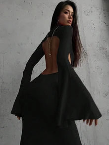 秋冬季喇叭袖性感露背开衩连衣裙，修身派对礼服，黑色，春季优雅女装 - 黑色 - 查看 2