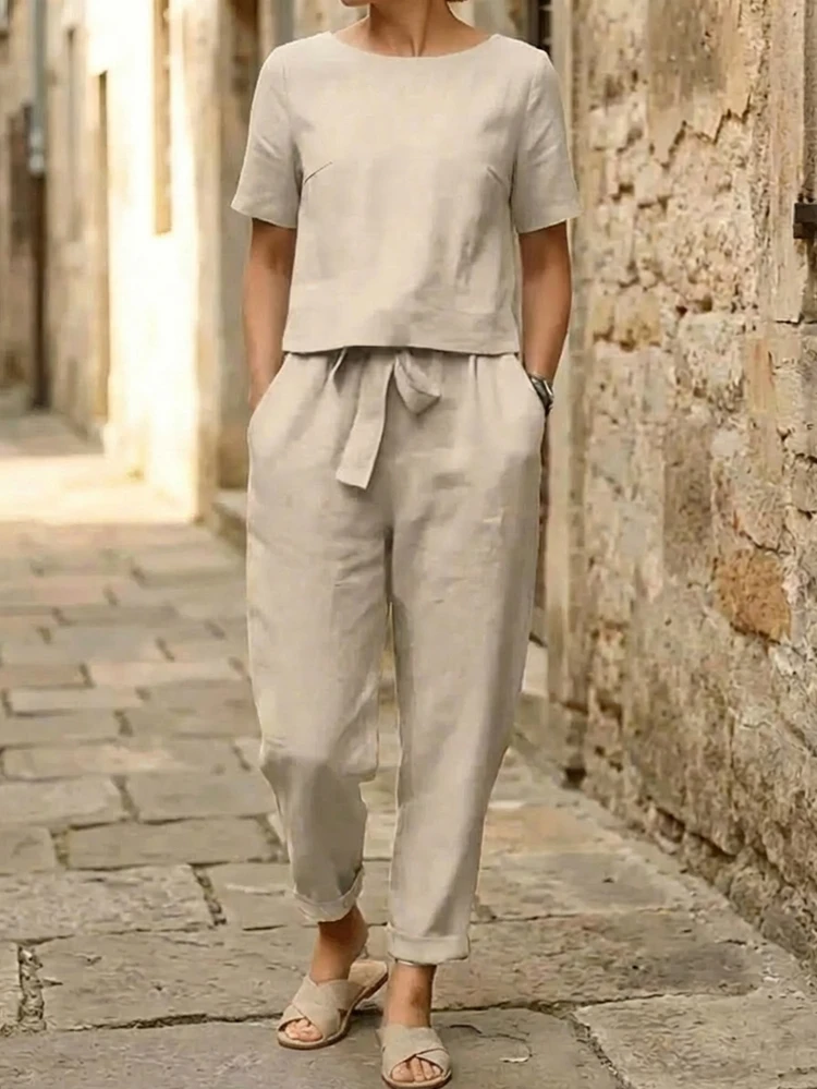 Ensemble décontracté simple de 2 pièces pour femmes, Top à manches courtes de couleur unie et pantalon long, tenue d'été élégante pour tous les jours - Nude - Voir 1