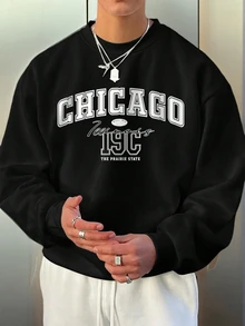 男士复古美式圆领卫衣，芝加哥字母印花，休闲街头风，秋冬款，长袖上衣 - 黑色 - 查看 2
