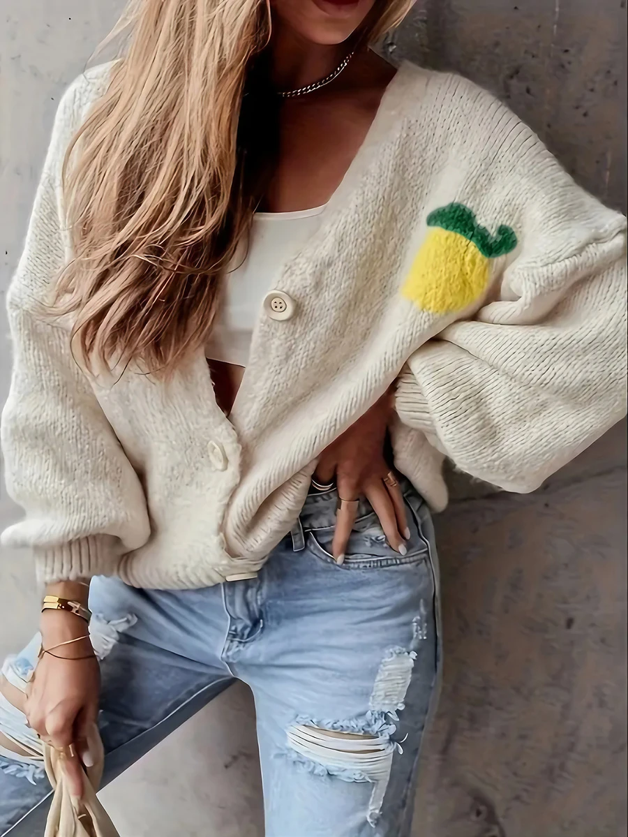 Women's Loose V-Neck Cardigan, Lemon Pattern Design, Soft And Warm Fabric, Fashion Lantern Sleeve Long Sleeve Cardigan, Polyester, Ribbed Button Front Sweater - Essential For Autumn/Winter And New Year - Apricot - View 1