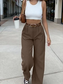 SMILE CHIC 复古高腰西装裤，适合春夏穿着，宽松显瘦垂坠面料，轻盈透气直筒阔腿裤，休闲通勤户外日常百搭。 - 巧克力棕 - 查看 2