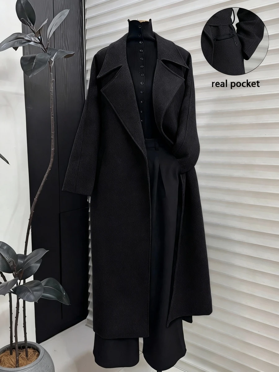 SMILE CHIC Black Long Lapel Faux Wool Blend Coat With Belt, Versatile & Durable For Daily Wear - Black - View 1