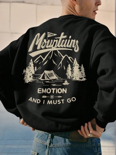 男士休闲圆领卫衣 | 户外山地帐篷图案风景艺术 | 街头风必备单品 | 适合春秋季日常轻便穿着