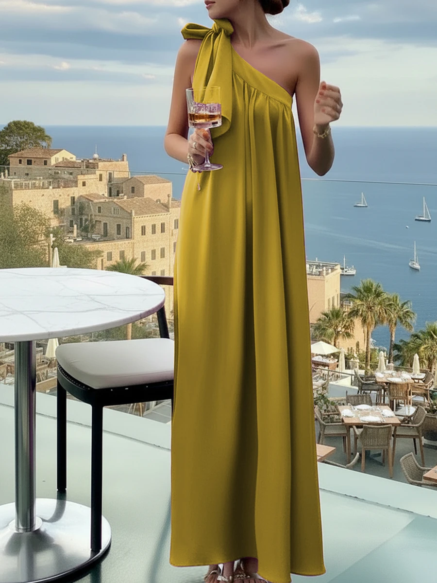 Elegant Solid Color Maxi One-Shoulder Dress, Summer - Mustard Yellow - View 1