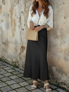 Elegant Vacation Casual Solid Color Skirt - Black - View 3