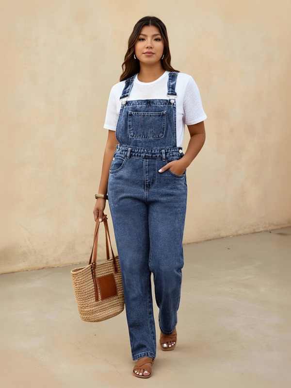 Plus Size Comfortable Non-Stretch Washed Denim Overalls Harem Pants, Casual Everyday Wear Spring
