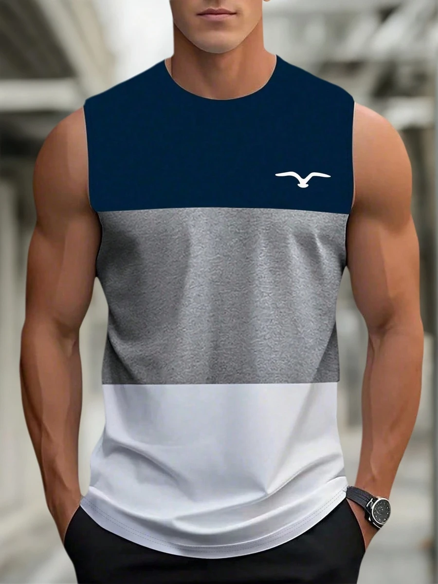 男式夏季印花圆领休闲无袖背心 - 藏蓝色 - 查看 1