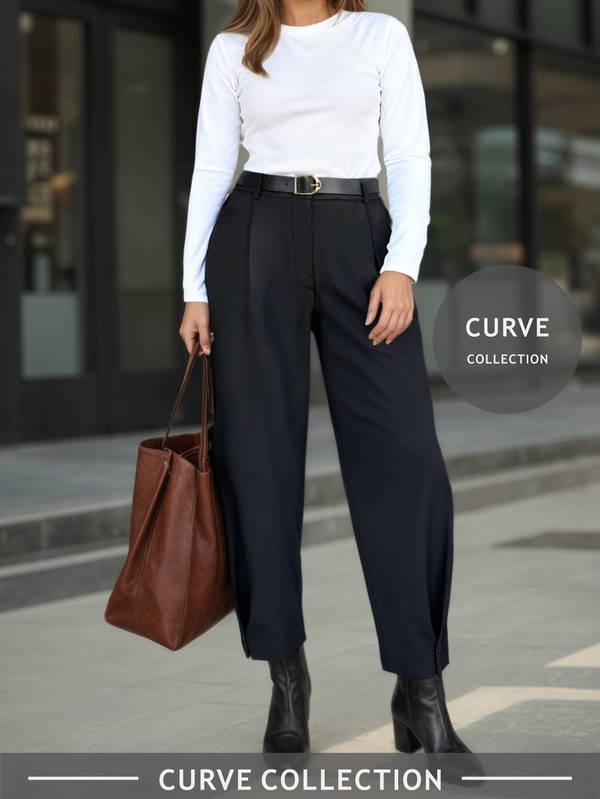 Pantalones anchos de pierna ancha elegantes de color negro para mujer de talla grande | Dobladillo plisado con hebilla de metal en la cintura | Uso casual, laboral, de vacaciones | Primavera/Verano 2026