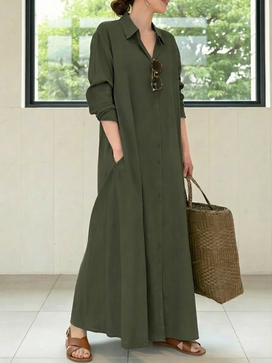 Women's Casual Solid Color Maxi Length Shirt Dress