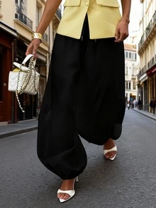 بنطلون نسائي خريفي أنيق بلون الخاكي ذو تصميم بالون، بخصر مطاطي، موضة بسيطة مناسبة للاستخدام اليومي والعطلات والعمل - الأسود - مشاهدة 6