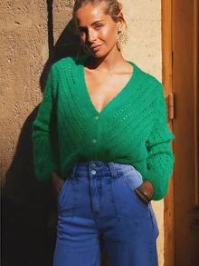 Elegant Women's V-Neck Long Sleeve Cardigan Sweater, Button Design, Casual Style, Suitable For Daily Wear - Early Autumn Solid Color Polyester Ribbed Button Cable Knit Women Sweater Cardigan, Spring/Autumn - Mint Green - View 3