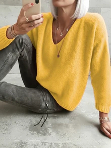 女式简约纯色V领宽松修身休闲套头长袖毛衣，秋冬 - 黃色 - 查看 3