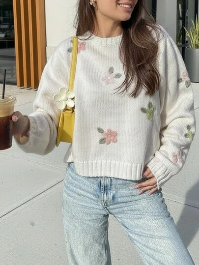 FOR BEAUTY Floral Embroidery Round Neck Long Sleeve Knitted Sweater For Women, Fashionable Loose Dropped Shoulder Pullover, Suitable For Spring/Autumn, Carnival, Valentine's Day, New Year Casual Vacation White