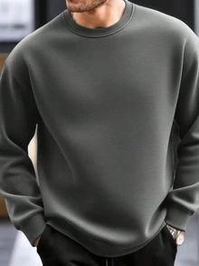 Men's All-Match Crew Neck Sweatshirt, Minimalist Design, Versatile Casual Wear, Essential For Layering, Suitable For Everyday Light Wear, Spring/Autumn - Dark Grey - View 3