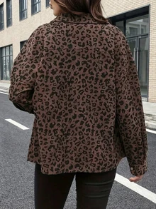女士时尚涤纶豹纹灯芯绒衬衫，长款插肩袖，立领，纽扣前襟，带口袋，春季款 - 彩色 - 查看 2