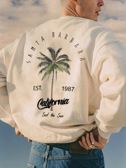 Men Round Neck Long Sleeve Palm Tree & Letter Print California Vibe Fashionable Loose Comfortable Sweatshirt, Fall