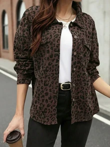 女士时尚涤纶豹纹灯芯绒衬衫，长款插肩袖，立领，纽扣前襟，带口袋，春季款 - 彩色 - 查看 1