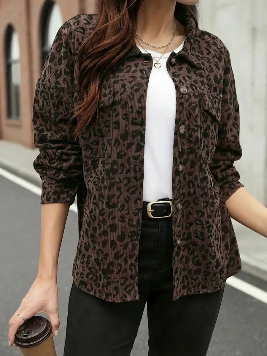 女士时尚涤纶豹纹灯芯绒衬衫，长款插肩袖，立领，纽扣前襟，带口袋，春季款 - 彩色 - 查看 1