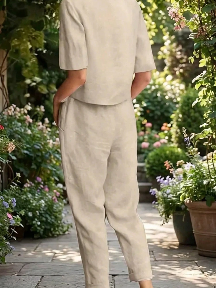 Ensemble décontracté simple de 2 pièces pour femmes, Top à manches courtes de couleur unie et pantalon long, tenue d'été élégante pour tous les jours - Nude - Voir 2