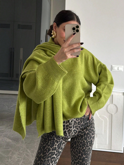 2 Pieces Set: Women's Solid Color Minimalist Knit Sweater & Scarf, Fashionable & Elegant Sweater Outfit (Includes Scarf), Autumn/Winter 2025