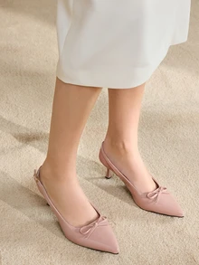 Clariva 优雅尖头细高跟凉鞋，性感派对礼服鞋，蝴蝶结装饰，适合通勤、夜店、婚礼、户外活动，皮革鞋带，夏季圣诞礼物 - 淺粉色 - 查看 2