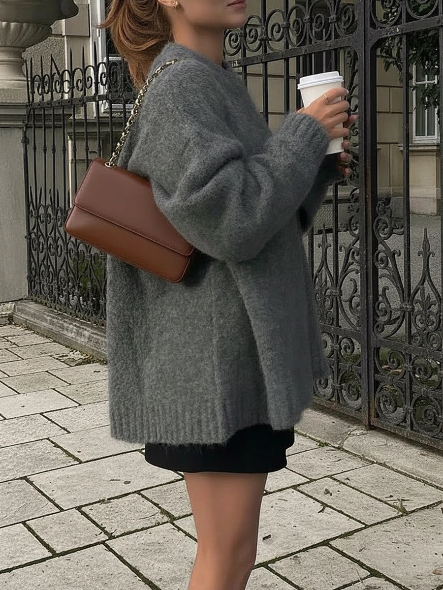 SEREN 秋冬新款灰色圆领长袖针织套头衫女上衣 时尚宽松简约大气经典优雅慵懒风适合日常出门通勤毛衣秋季女装 - 灰色 - 查看 1