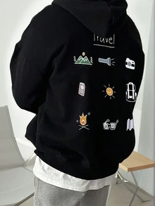 男士户外探险元素印花抽绳连帽卫衣，返校季，秋冬季，长袖上衣 - 黑色 - 查看 2