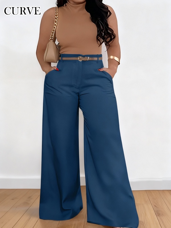 ANCHOSE Plus Size Women High Waist Pocket Design Flare Pants, Casual Blue, Early Autumn