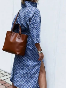 Đầm sơ mi tay ngắn dáng rộng kẻ sọc cỡ lớn dành cho nữ, kiểu dáng thường ngày có vai rớt, thắt lưng, xẻ tà, phù hợp cho công sở, du lịch mùa xuân/thu. - Màu xanh lam - Xem 2